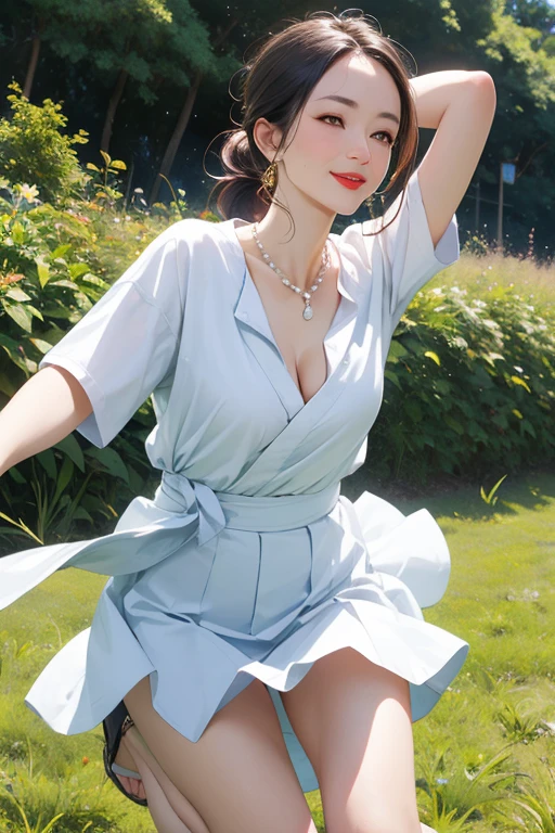 Beautiful mature woman, 55-year-old Japanese woman, Married women, Fine Lines, Long eyelashes, Shining Eyes, Low Ponytail, eye shadow, Red lipstick, Pink Cheeks, elegant, Pearl Necklace, Earrings, summer, Lightweight shirt, Cleavage, skirt, photo shoot, Green grassland, hill, Jump, Jump High, skirtがめくれる, panties