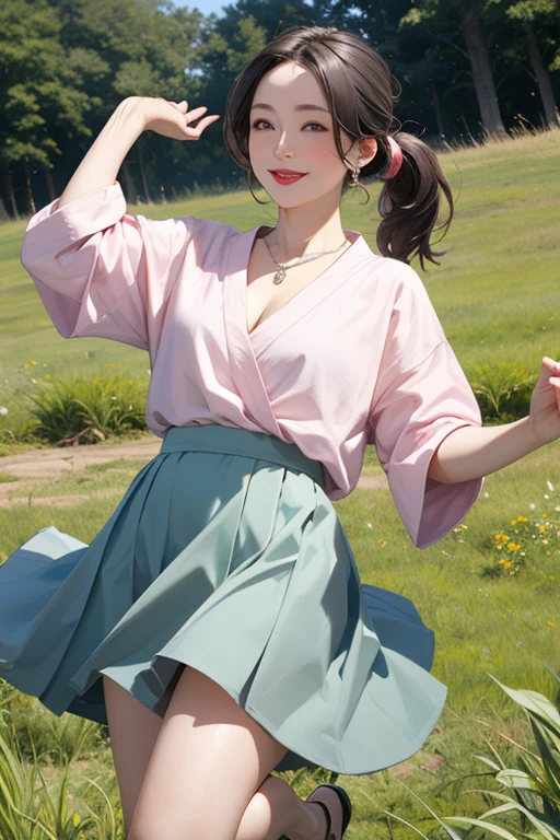 Beautiful mature woman, 55-year-old Japanese woman, Married women, Fine Lines, Long eyelashes, Shining Eyes, Low Ponytail, eye shadow, Red lipstick, Pink Cheeks, elegant, Pearl Necklace, Earrings, summer, Lightweight shirt, Cleavage, skirt, photo shoot, Green grassland, hill, Jump, Jump High, skirtがめくれる, panties