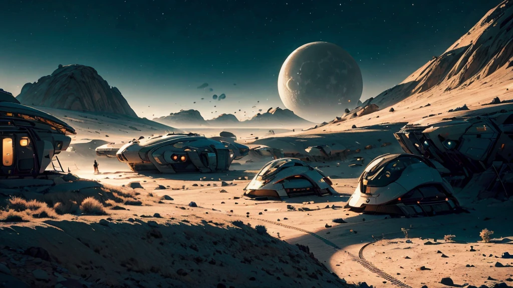  Illustrate the surface of the moon with futuristic colonies and rovers, under the glow of Earth in the distance.