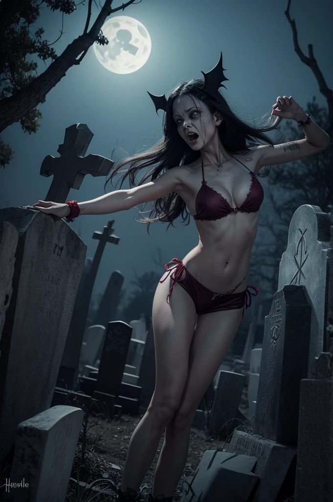 Ugly satanic woman in bikini and shorts flying in the cemetery at night (horror style/cursed)