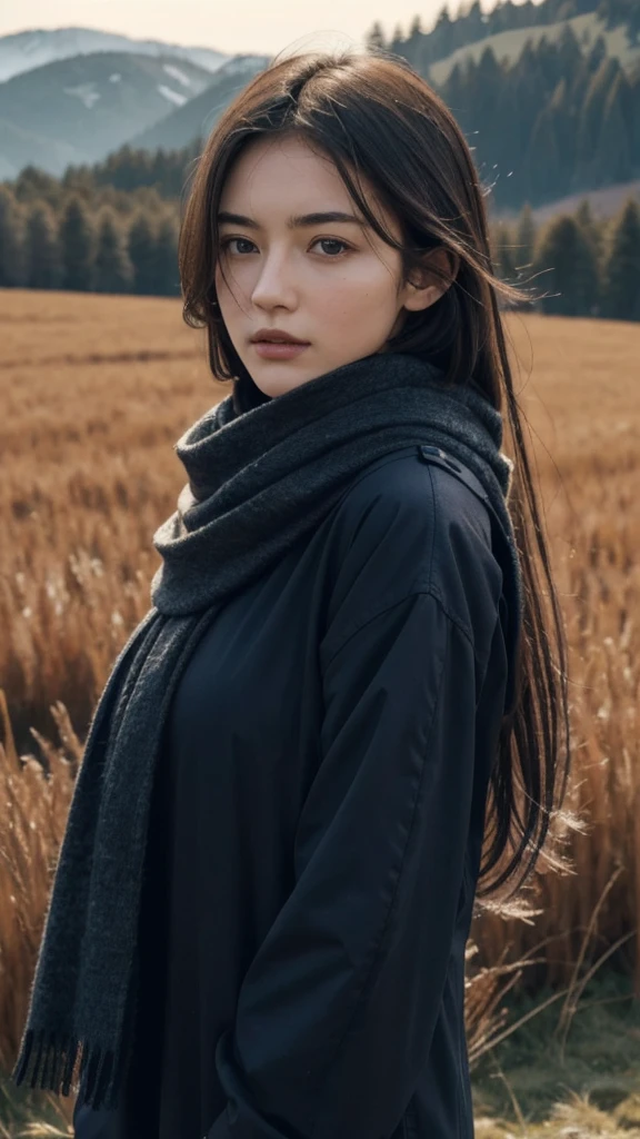 8k, best quality, masterpiece, realistic, ultra detail, photo realistic, Increase quality,
a photo of a girl standing in a field with a scarf, in the style of dark and brooding designer, voluminous mass, photobash, serene faces, jagged edges, navy, natural beauty, close-up shot