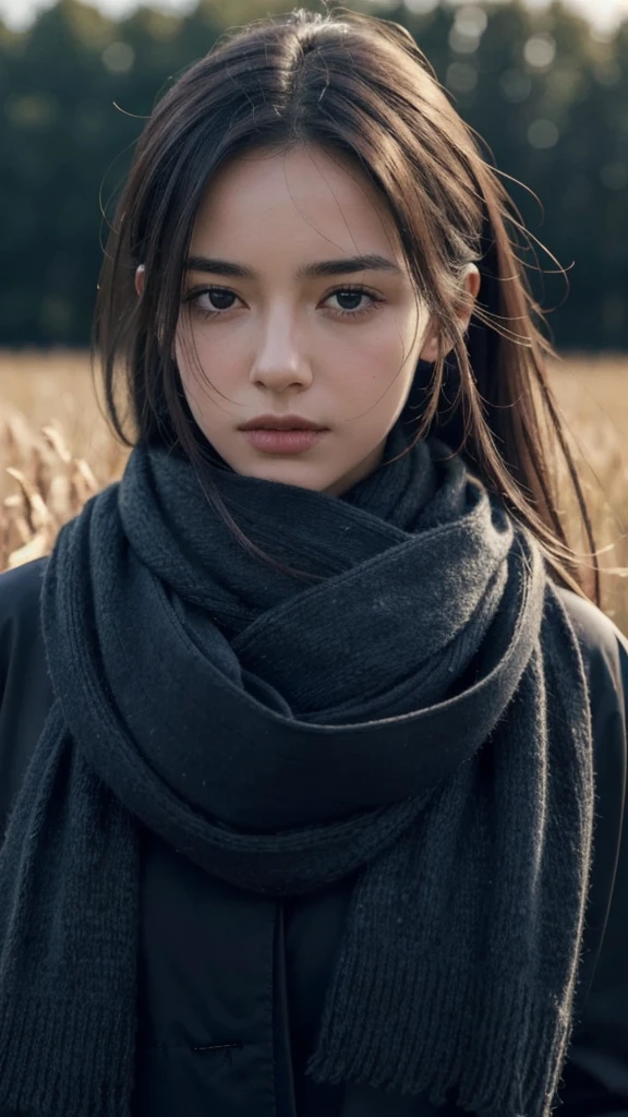 8k, best quality, masterpiece, realistic, ultra detail, photo realistic, Increase quality,
a photo of a girl standing in a field with a scarf, in the style of dark and brooding designer, voluminous mass, photobash, serene faces, jagged edges, navy, natural beauty, close-up shot
