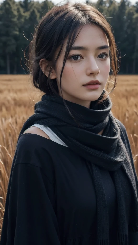 8k, best quality, masterpiece, realistic, ultra detail, photo realistic, Increase quality, 
a photo of a girl standing in a field with a scarf, in the style of dark and brooding designer, voluminous mass, photobash, serene faces, jagged edges, navy, natural beauty, close-up shot
