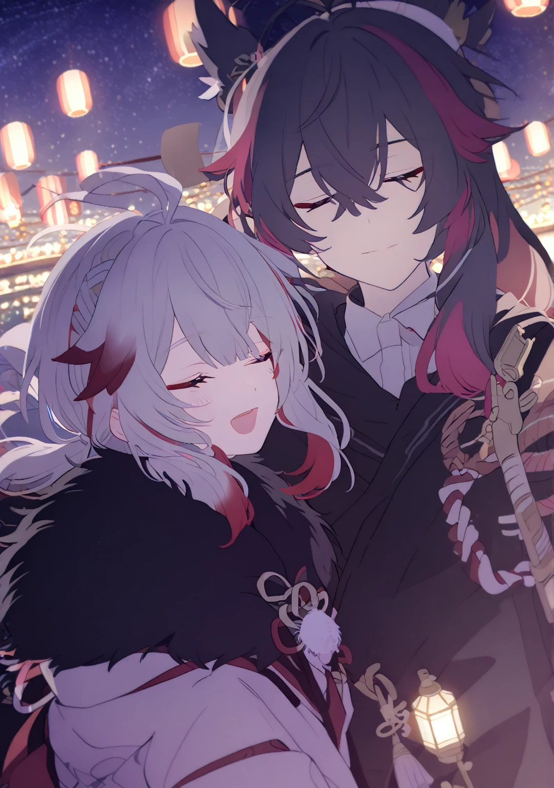 Man and woman couple, couple, walking under the stars, at night, very close, 1 girl, Columbina, multicilor hair, two color hair, colored inner hair, decoration for your hair, black fur, dark fur, with red outline, closed eyes, 1 chico, Kaedehara Kazuha, white hair with a red streak, hair ornament