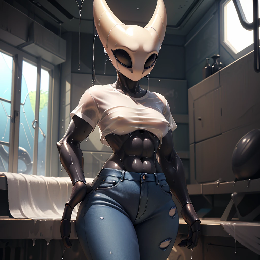 (masterpiece), ((perfect anatomy)), (high Res), (4k), hornet, ((insectoid)), ((segmented body)), ((insect body parts)), black body, (white head), 3 fingers(index, middle and thumps), flat chest, wide hips, ((((white wet transparent shirt)))), (((tight jeans))), (((solo))), narrow waist, (wet), (((((realistic artstyle)))))