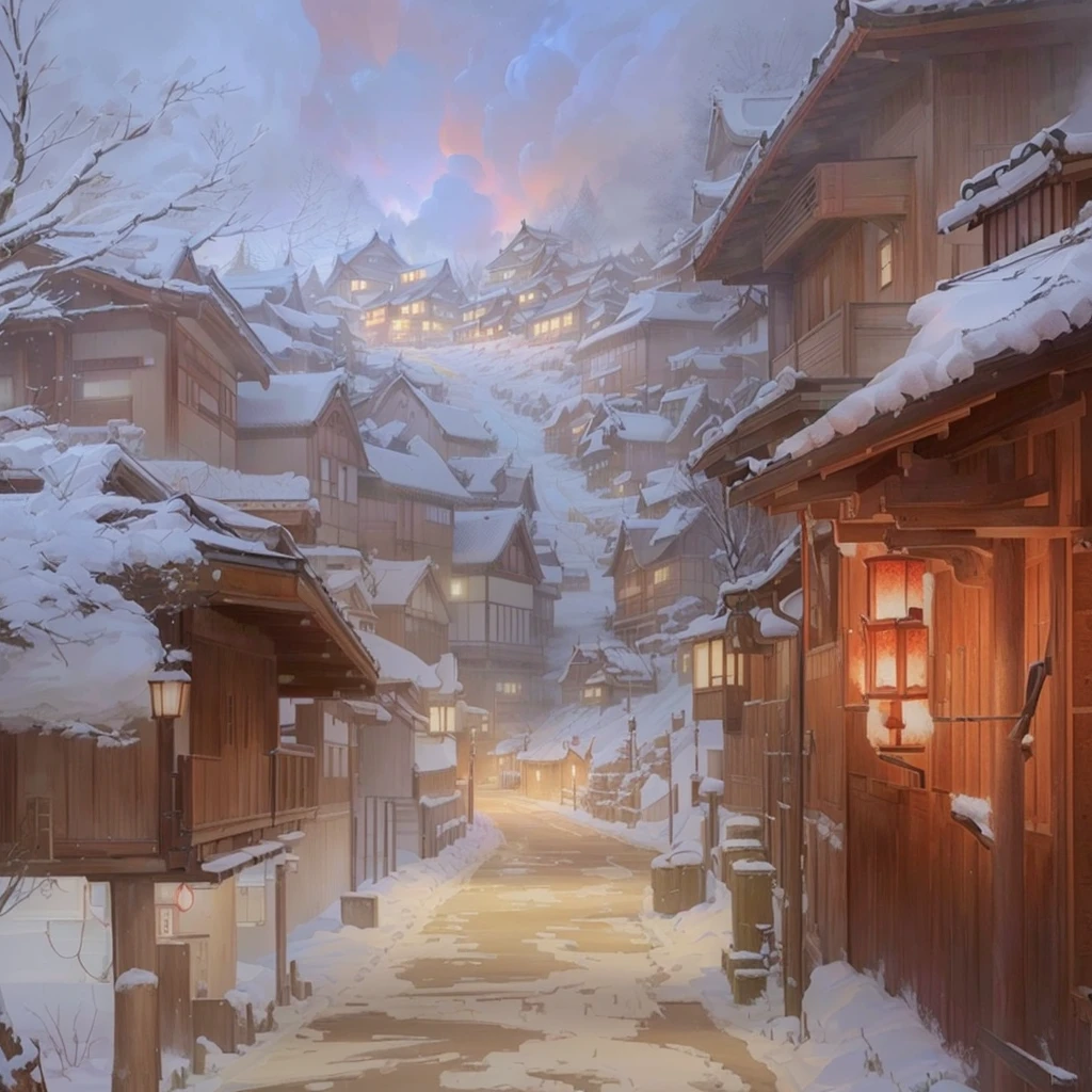 A picture of a street with some houses and a fire in the middle, winter concept art, Digital Painting Concept Art, Painterly concept art, Japanese Village, Painted in an anime artist's studio, Anime scenery concept art, Japanese Street, Andreas Rocha Style, Concept Art Painting, Highly realistic concept art, By Alexander Guinn, Beautiful concept art Blazing flames, fire, crowd, throng, freezing, mother warming her baby.Scenery and Cityscape in the Early Meiji Era After the Meiji Restoration, Japan underwent rapid modernization and civilization. Consequently, many changes and reforms occurred. Below is a detailed explanation of the scenery, appearance of the poor, occupations, and cityscapes in the early Meiji period (1868 to the early 1880s). 2. Appearance of the Poor Life for the impoverished and lower classes remained harsh. In particular, in urban areas, people migrated from rural areas or unemployed artisans gathered, intensifying competition in the labor market. Many of them struggled with poverty, often residing in slums or around temples. 3. Occupations Meiji early Japan witnessed a diversification of occupations. Traditional agriculture and handicrafts were accompanied by the rise of modern industry and commerce. Particularly in urban areas, factory workers, shop clerks, and transporters increased, giving rise to new professions. However, many in these occupations endured harsh working conditions. 4. Influence of Civilization and Enlightenment During the Meiji era, Western cultural influences spread rapidly. Changes in clothing, dietary habits, and the proliferation of Western-style architecture advanced, especially in urban areas. Conversely, this development posed a threat to traditional culture and lifestyles, resulting in societal upheaval and adaptation challenges. 5. Social Change and Policy Influence While promoting modernization policies, the government also addressed poverty and social issues. Legislation for labor protection and charitable activities to aid the poor were implemented. Nevertheless, living conditions for the impoverished scarcely improved. The early Meiji period marked a rapid transformation in Japan,