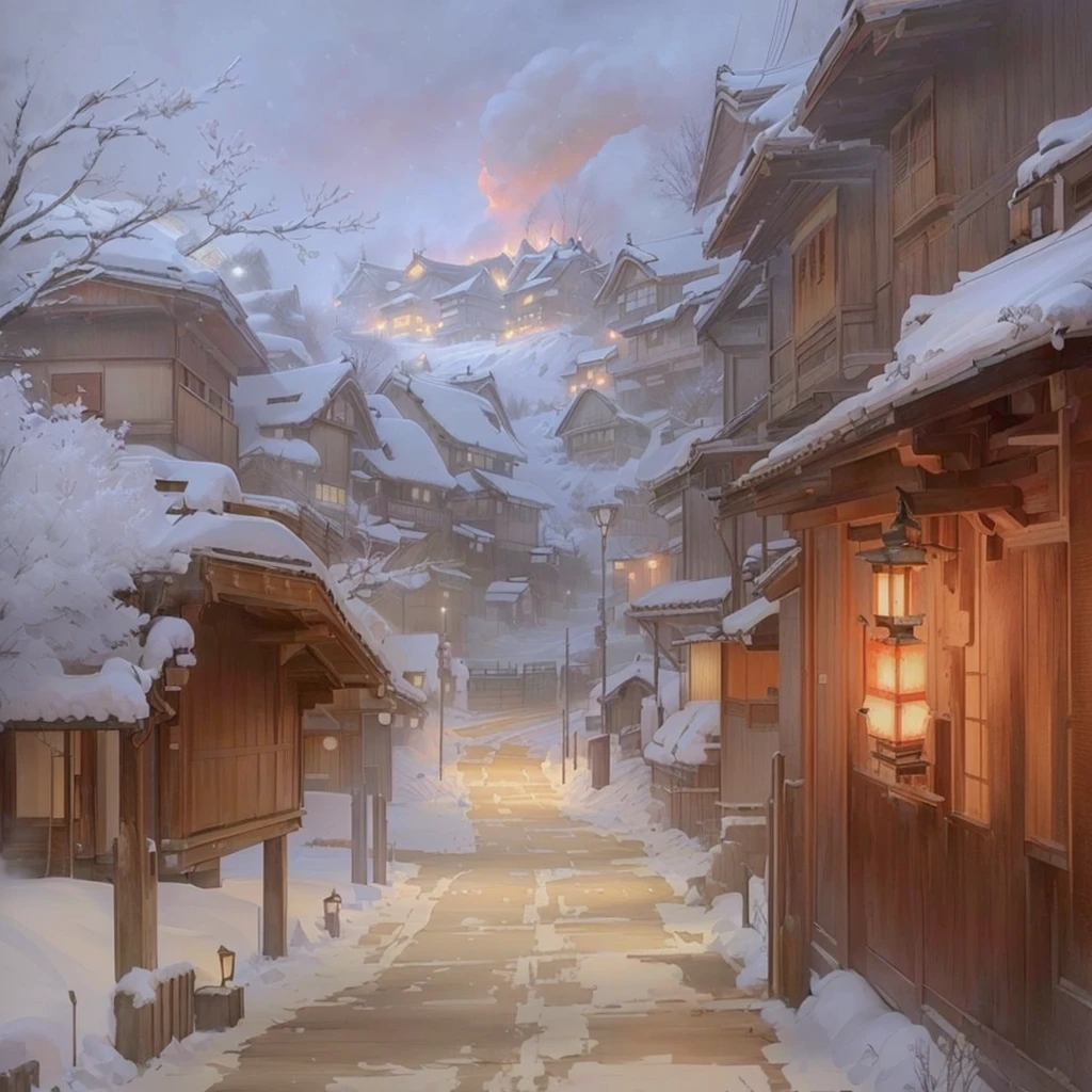 A picture of a street with some houses and a fire in the middle, winter concept art, Digital Painting Concept Art, Painterly concept art, Japanese Village, Painted in an anime artist's studio, Anime scenery concept art, Japanese Street, Andreas Rocha Style, Concept Art Painting, Highly realistic concept art, By Alexander Guinn, Beautiful concept art Blazing flames, fire, crowd, throng, freezing, mother warming her baby.Scenery and Cityscape in the Early Meiji Era After the Meiji Restoration, Japan underwent rapid modernization and civilization. Consequently, many changes and reforms occurred. Below is a detailed explanation of the scenery, appearance of the poor, occupations, and cityscapes in the early Meiji period (1868 to the early 1880s). 2. Appearance of the Poor Life for the impoverished and lower classes remained harsh. In particular, in urban areas, people migrated from rural areas or unemployed artisans gathered, intensifying competition in the labor market. Many of them struggled with poverty, often residing in slums or around temples. 3. Occupations Meiji early Japan witnessed a diversification of occupations. Traditional agriculture and handicrafts were accompanied by the rise of modern industry and commerce. Particularly in urban areas, factory workers, shop clerks, and transporters increased, giving rise to new professions. However, many in these occupations endured harsh working conditions. 4. Influence of Civilization and Enlightenment During the Meiji era, Western cultural influences spread rapidly. Changes in clothing, dietary habits, and the proliferation of Western-style architecture advanced, especially in urban areas. Conversely, this development posed a threat to traditional culture and lifestyles, resulting in societal upheaval and adaptation challenges. 5. Social Change and Policy Influence While promoting modernization policies, the government also addressed poverty and social issues. Legislation for labor protection and charitable activities to aid the poor were implemented. Nevertheless, living conditions for the impoverished scarcely improved. The early Meiji period marked a rapid transformation in Japan,