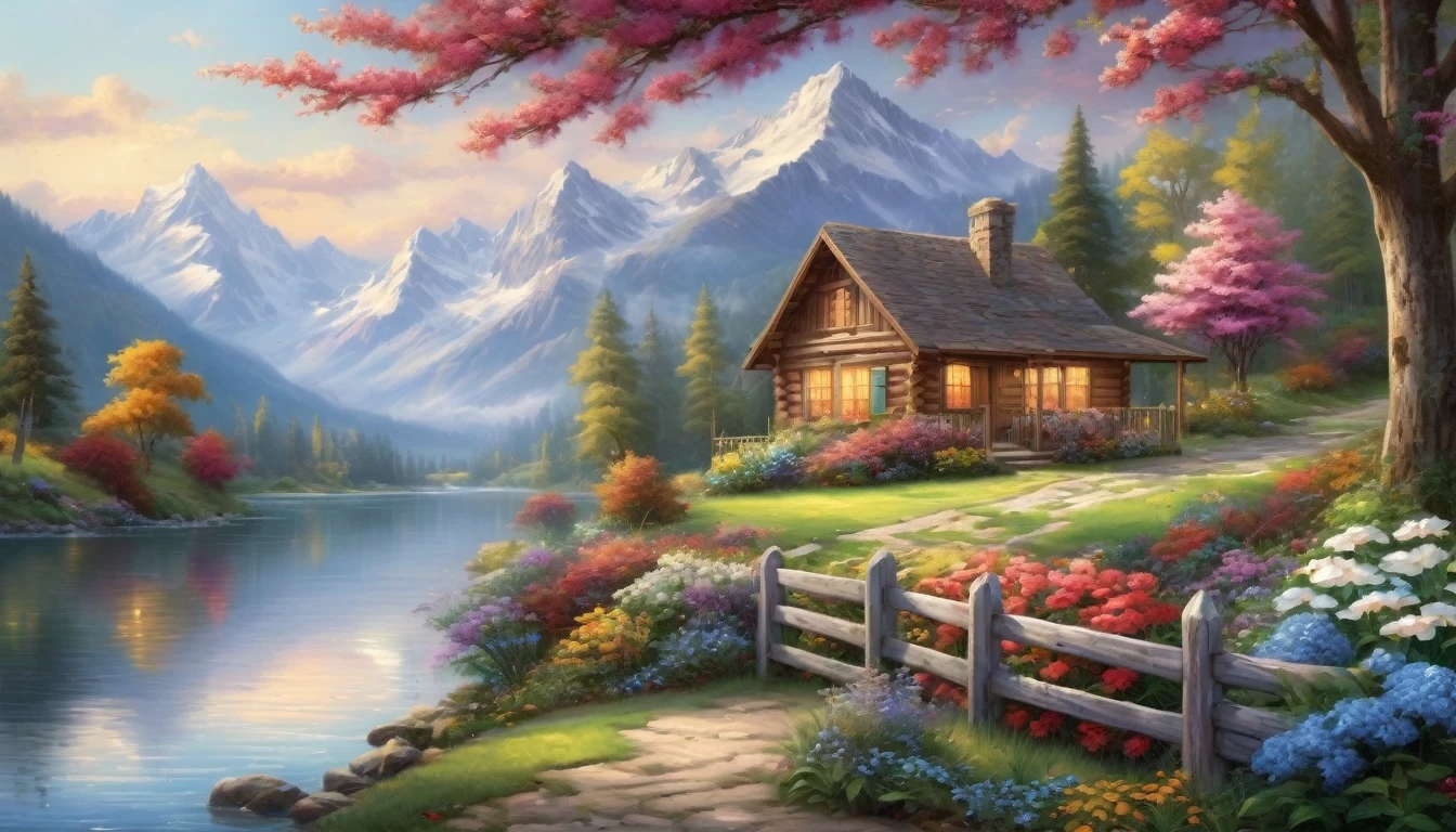 a cabin by a river with a mountain in the background, ((flowers aside of fence)), peaceful scene, peaceful landscape, in a serene landscape, scenery artwork, tranquil scene, style of Thomas Kinkade, breathtaking masterpiece of art, dream scenery art, thomas kinkade style painting, 8k high Res, hyper detailed, impasto.