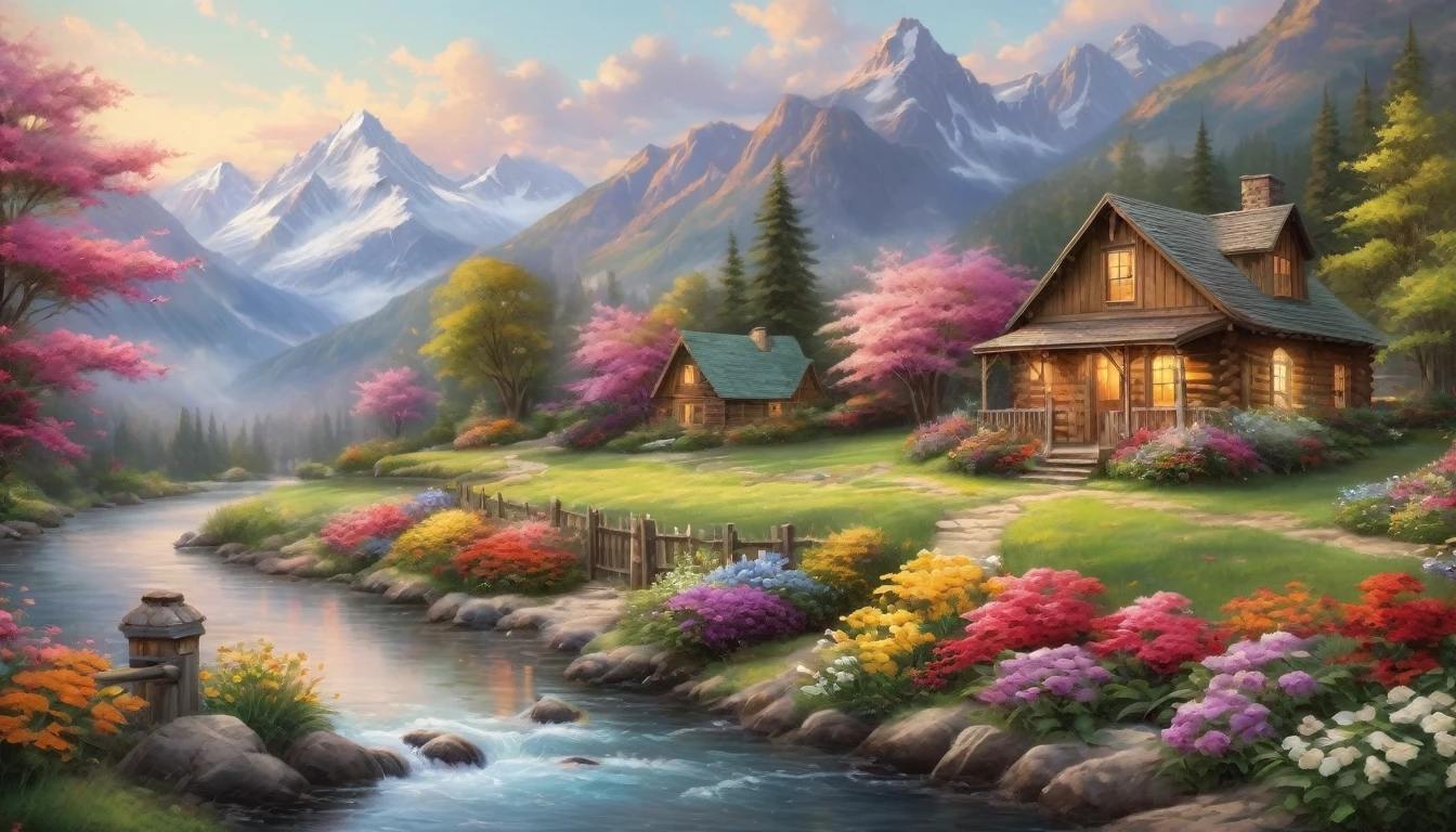 a cabin by a river with a mountain in the background, ((flowers aside of fence)), peaceful scene, peaceful landscape, in a serene landscape, scenery artwork, tranquil scene, style of Thomas Kinkade, breathtaking masterpiece of art, dream scenery art, thomas kinkade style painting, 8k high Res, hyper detailed, impasto.