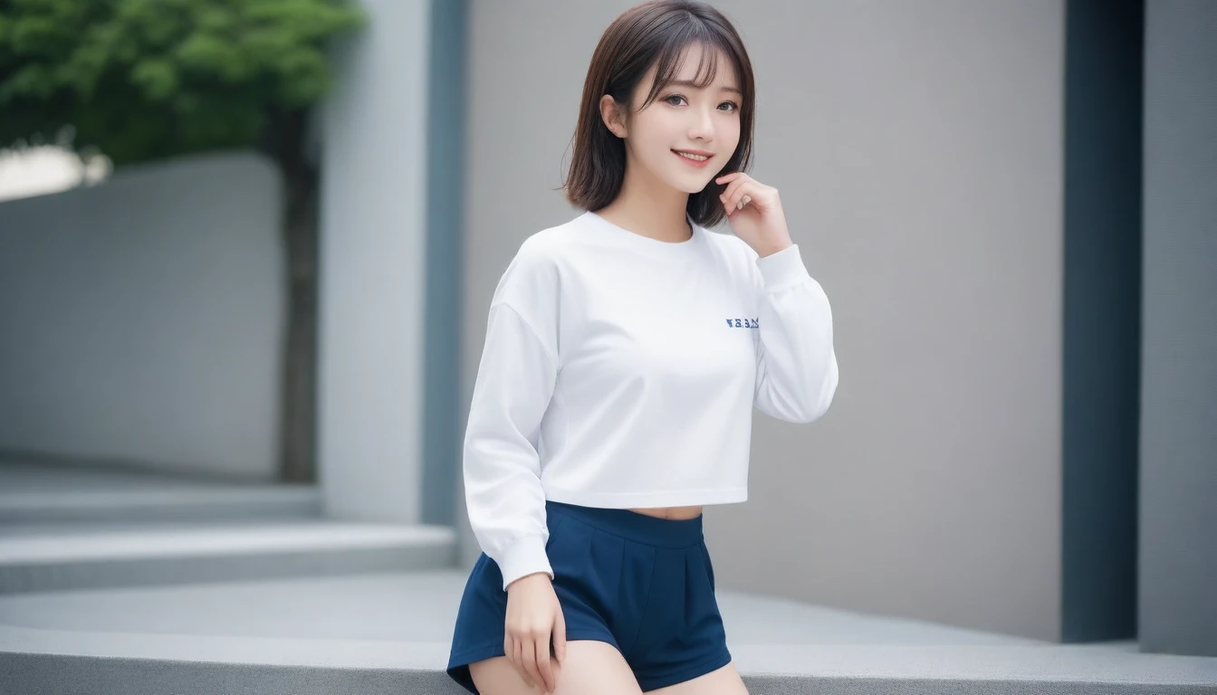 8k, Ultra-high resolution, Highest quality, masterpiece, 三分割法によるphotograph,Surreal, photograph, 1 Girl, (:1.3), pretty girl, Cute Face, Beautiful eyes in every detail, 細かくdetailedに,masterpiece,One Girl:1.2, Japan Female Announcer,full body,smile,Black Hair,Short ponytail,street tree,Urban area,Young Wife,healthy,Sports Bra,oversized white shirt,Shorts,Natural Makeup,sneakers,Tying shoelaces,Captivating thighs,Realistic Skin, Perfect and beautiful face ,完璧でCute Face, Skin with attention to detail, Perfect limbs、Narrow waist、Thin legs),Looking at the audience、beauty,Long neck、(((Ideal body type))),A cup small breasts :2,Portraiture:2,Perfect Anatomy,鮮明なdetailed,detailed,Surreal,Light and shadow,bloom