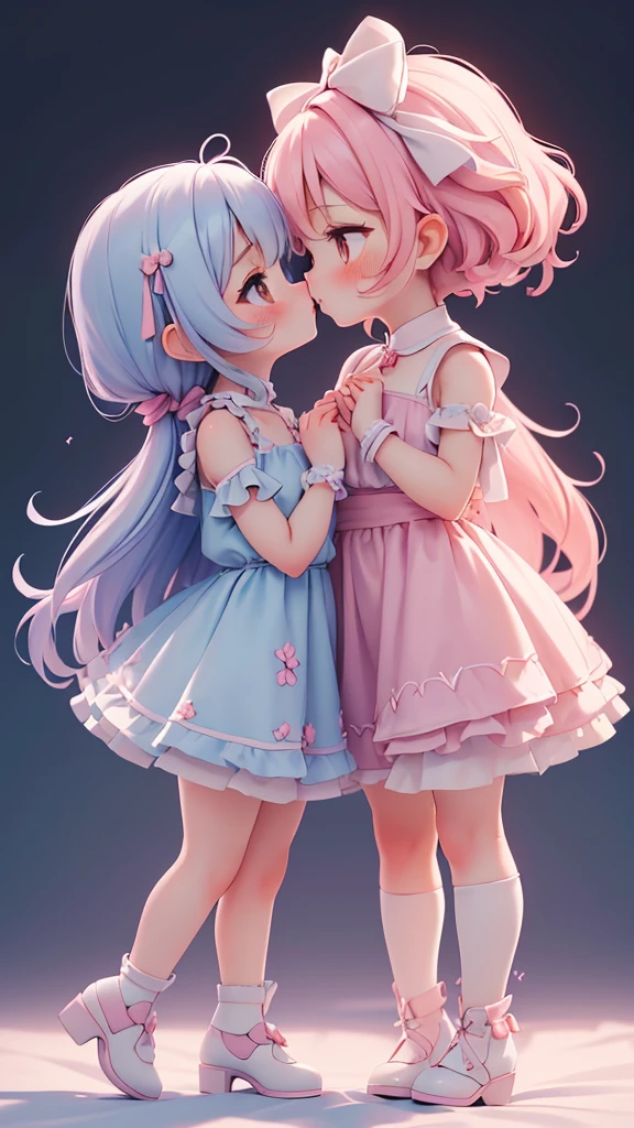 (((yuri, lesbian kiss))), ((petite bishojo, little 2girls)), ((cute  face)), ((cute puffy eyes)), ((masterpiece)), ((best quality)), ((ultra detailed)), ((exquisite)), ((depth)), ((crisp)), ((8k)), ((beautiful and aesthetic)), (super detailed skin), ((high standard)), ((highres)), ((perfect )), (full body), (blush), (rouge), (wuv, cutesy jk), (beautiful hands)