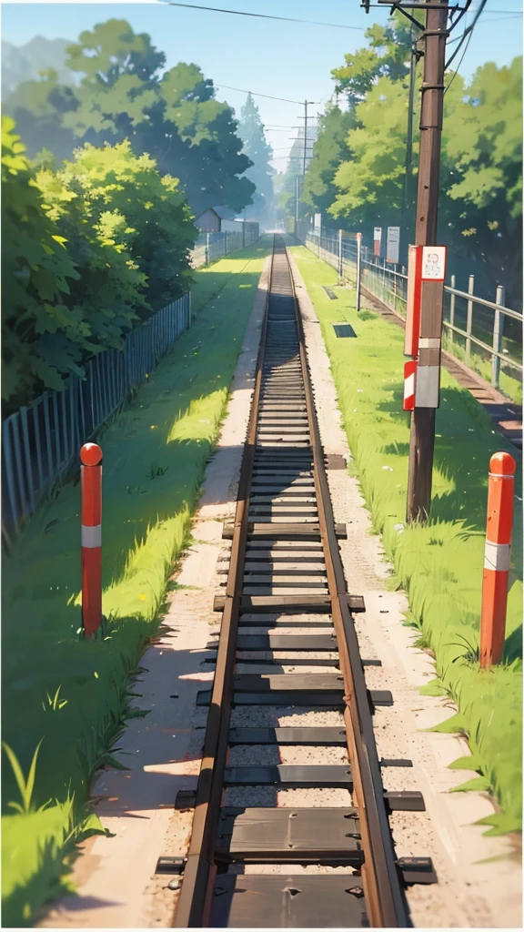 Create an image of a tranquil countryside railway crossing during the day. Include a clear blue sky with some clouds, lush greenery in the background with trees and bushes, a well-maintained gravel path leading up to the crossing, and a set of railroad tracks that vanish into the distance. Add details such as electrical poles with wires running alongside the tracks, a railroad crossing sign with red lights, yellow and black striped barriers to block the road when a train is passing, and a small sidewalk parallel to the gravel path fenced off by short white posts connected by two horizontal bars.
