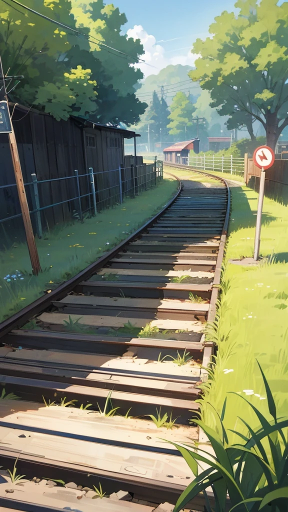 Create an image of a tranquil countryside railway crossing during the day. Include a clear blue sky with some clouds, lush greenery in the background with trees and bushes, a well-maintained gravel path leading up to the crossing, and a set of railroad tracks that vanish into the distance. Add details such as electrical poles with wires running alongside the tracks, a railroad crossing sign with red lights, yellow and black striped barriers to block the road when a train is passing, and a small sidewalk parallel to the gravel path fenced off by short white posts connected by two horizontal bars.
