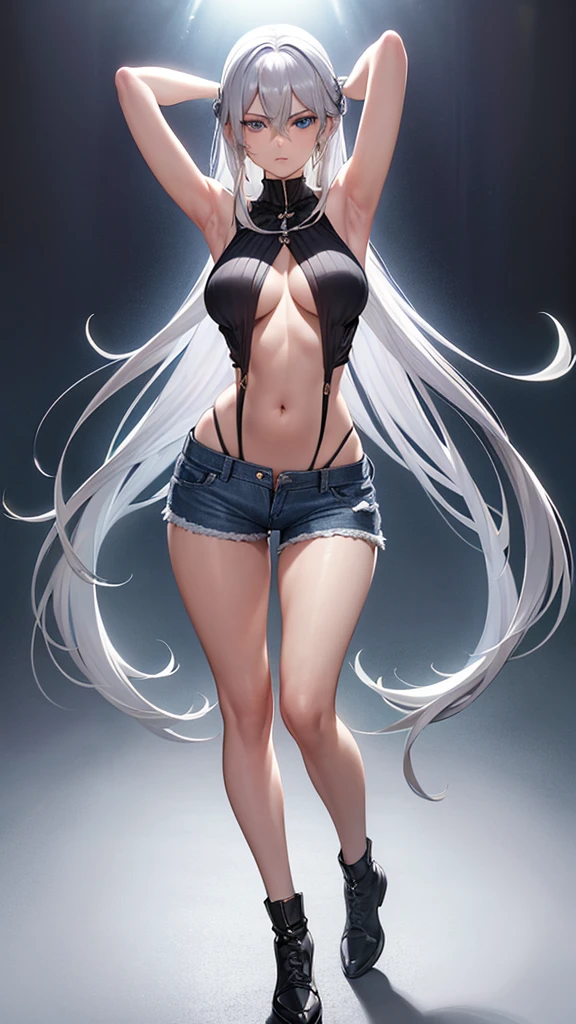 ,longye hair,((silver hair,blue colored eyes)), Day Light, sunshine light, (perfectbody : 1.0), neck, chain, full body shot shot, Wear a black sleeveless t-shirt, jeans jacket, ((shorts)),(Masterpiece artwork), (the best quality:1.0), (Ultra-high:1.0), beautiful lighting ,Perfect Lightning, realistic shadows, [High resolutions], skin detailed, ultra detaild,arms behind the head, breasts big, anime styling, thin woman，The body  very thin，Rib chest，The waist  very thin，The ribs are noticeable，Protruding ribs，The waist  very thin，Sunken abdomen，Delicate arms