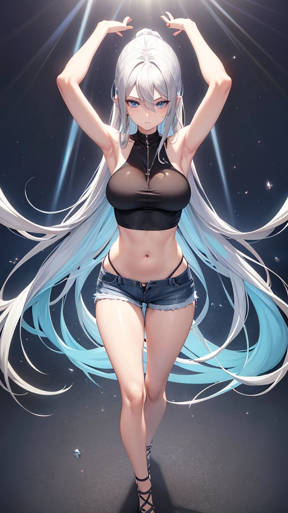 ,longye hair,((silver hair,blue colored eyes)), Day Light, sunshine light, (perfectbody : 1.0), neck, chain, full body shot shot, Wear a black sleeveless t-shirt, jeans jacket, ((shorts)),(Masterpiece artwork), (the best quality:1.0), (Ultra-high:1.0), beautiful lighting ,Perfect Lightning, realistic shadows, [High resolutions], skin detailed, ultra detaild,arms behind the head, breasts big, anime styling, thin woman，The body  very thin，Rib chest，The waist  very thin，The ribs are noticeable，Protruding ribs，The waist  very thin，Sunken abdomen，Delicate arms