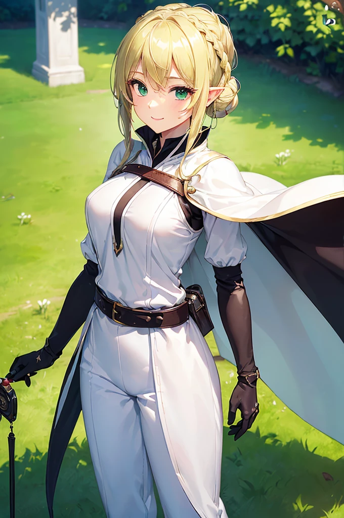 (((masterpiece; best quality: 1.2))), (finely detailed eyes: 1.3), (25 year old elf woman), (solo), (green eyes: 1.4), (body; buxom, fit, femenine: 1.3), (silky blonde hair in low bun: 1.3), (beautiful and clear background: 1.2), ((depth of field)), (equipment: adventurer attire + modest + long white tunic + black cape + black pants + gloves + belt + pouches: 1.3), (anime illustration: 1.2), (background composition; royal garden: 1.1), (extremely fine and beautiful: 1.1), (shot composition; standing + centered on torso + close-up: 1.5), (expression; calm, smile: 1.2)