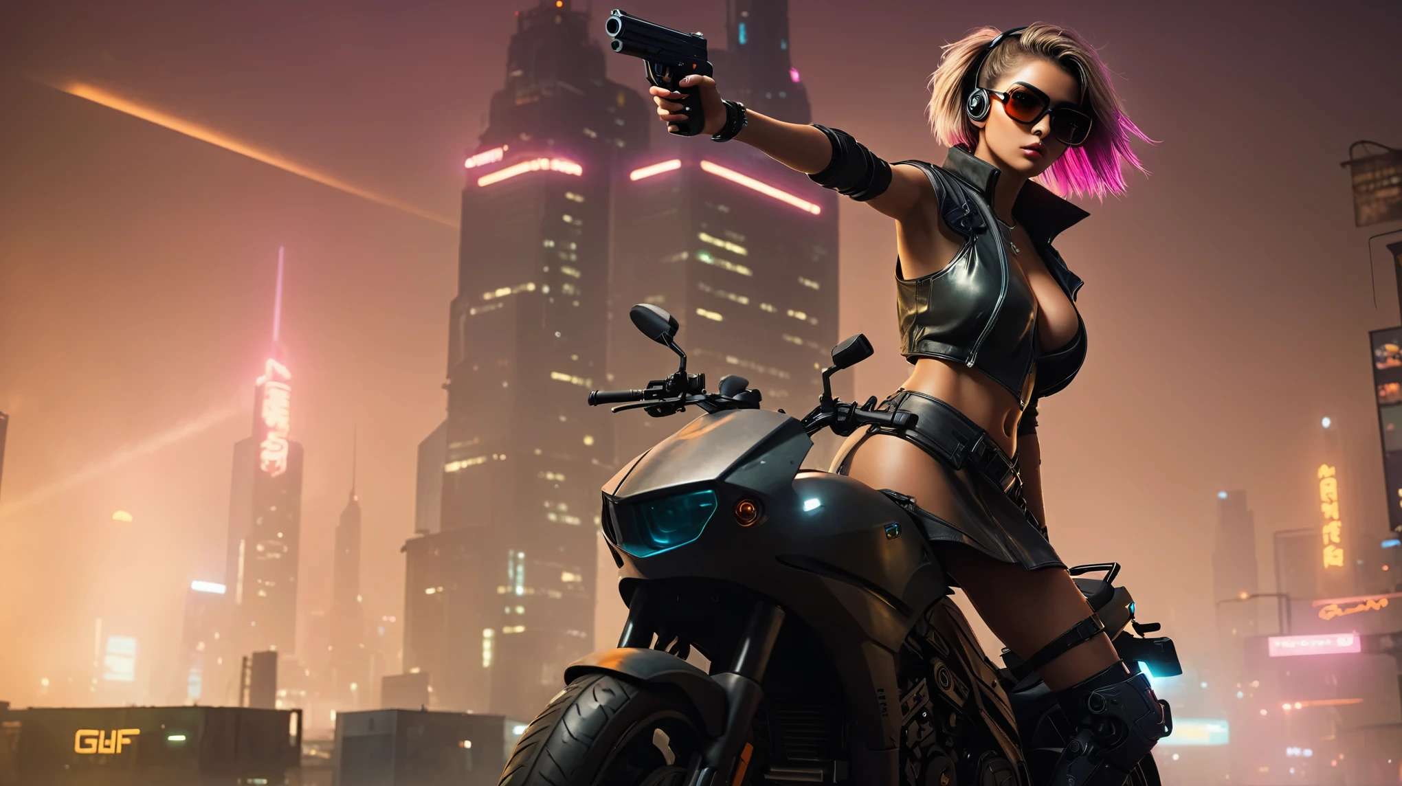 dark futuristic landscape, at night, neon lights, Atmospheric fog, large buildings in the background, futuristic city, streets with open shops, skyscraper (postapocalyptic city:1.3). (((1girl, solo, alone))), large-breast:1.2 slim body, cleavage:1.1, sexy miniskirt, (((biker, superbike, headphone, black sunglasses, standing and holding pistol pose))), (((half-body thigh level medium shot))), cinematic lighting, lens flare, ray tracing.