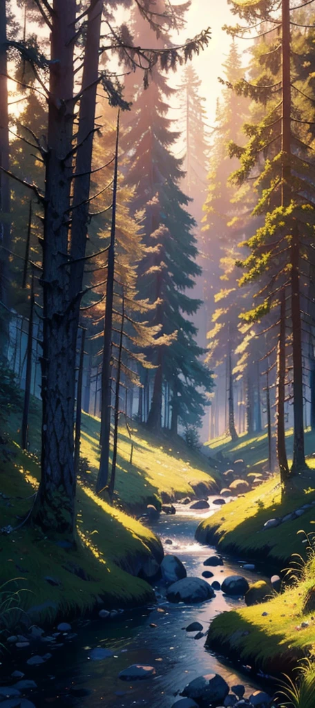 ((highres, best quality, 16k, masterpiece, resolution)), (a forest in the sunset), (((beautiful))), cliff
