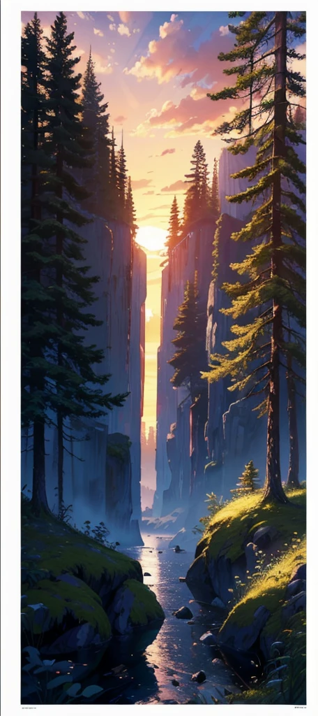 ((highres, best quality, 16k, masterpiece, resolution)), (a forest in the sunset), (((beautiful))), cliff