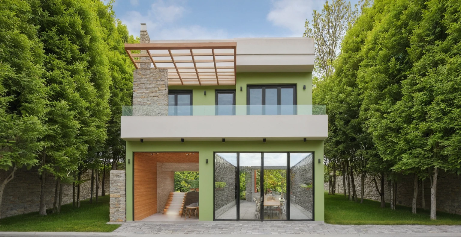 2-storey minimalist townhouse, blue cloudy morning light, brightly painted walls, natural stone walls as accents. see furniture, interior lights turn on. there are people walking around. green trees around the house. surreal expression. Modern architecture