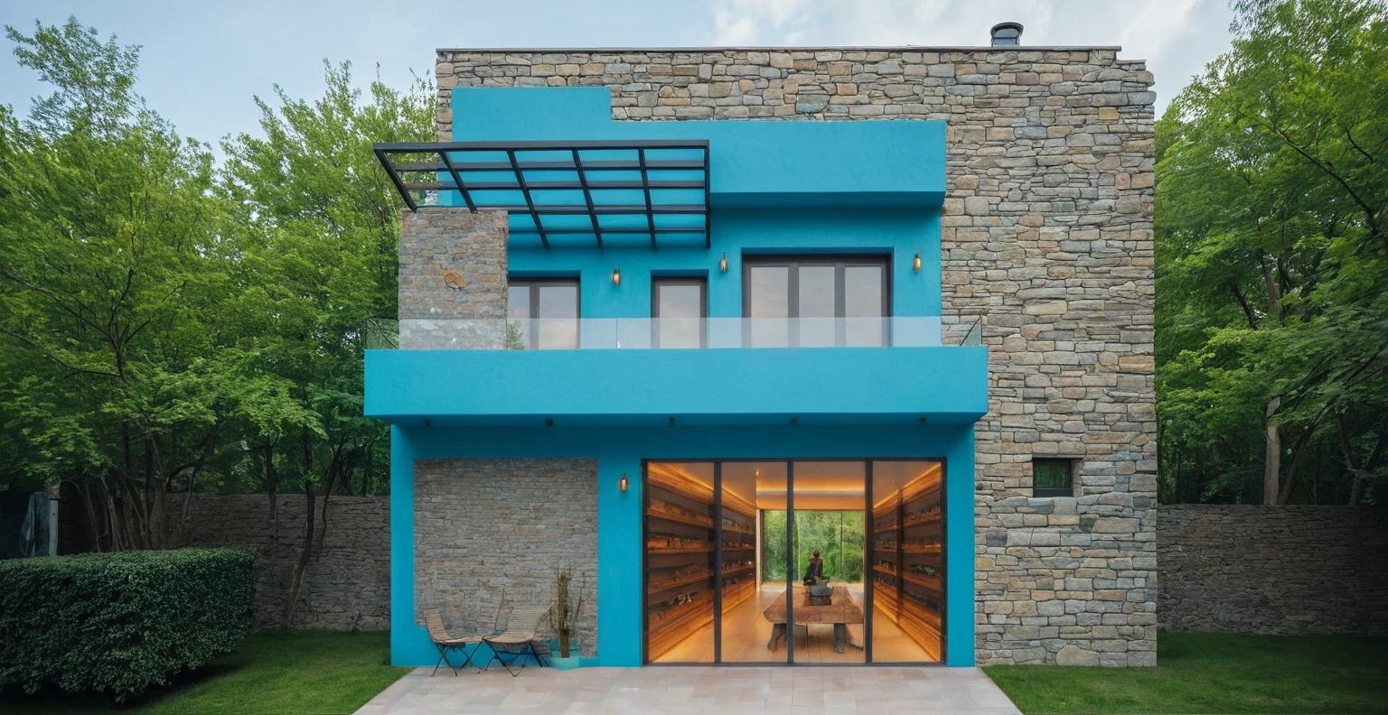 2-storey minimalist townhouse, blue cloudy morning light, brightly painted walls, natural stone walls as accents. see furniture, interior lights turn on. there are people walking around. green trees around the house. surreal expression. Modern architecture