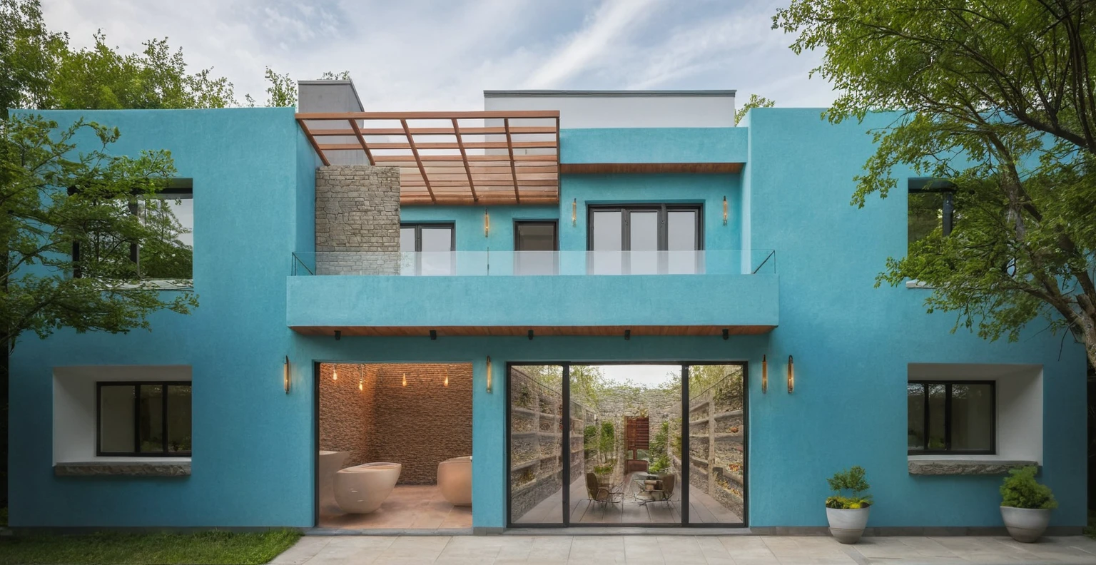 2-storey minimalist townhouse, blue cloudy morning light, brightly painted walls, natural stone walls as accents. see furniture, interior lights turn on. there are people walking around. green trees around the house. surreal expression. Modern architecture