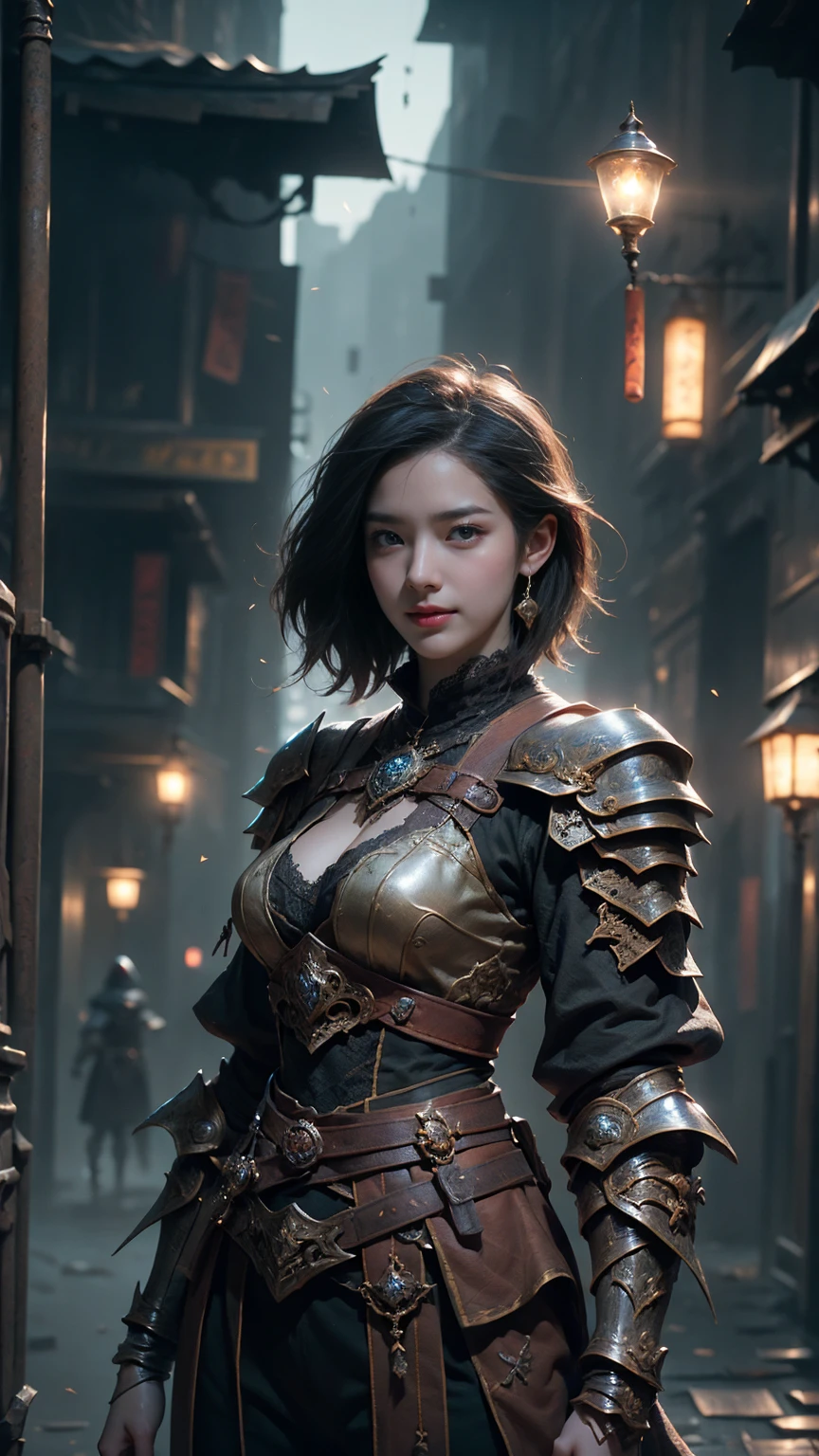 ((Front facing)), Game art，The best picture quality，Highest resolution，32K，(A bust photograph)，(Portrait)，(Head close-up)，(Rule of thirds)，Unreal Engine 5 rendering works， (The Girl of the Future)，(Female Warrior)， 20-year-old girl， elegant smile, short hair, ((Hunter, Marshal gunsling))，An eye rich in detail，(Big breasts)，Elegant and noble，indifferent，brave， （Medieval-style fur combat clothing, sexy lace top，Glowing magic lines，Animal skin clothing with rich detailedieval Lady Knight，Medieval ranger， photo poses，simple background，Movie lights，Ray tracing，Game CG，((3D Unreal Engine))，OC rendering reflection pattern