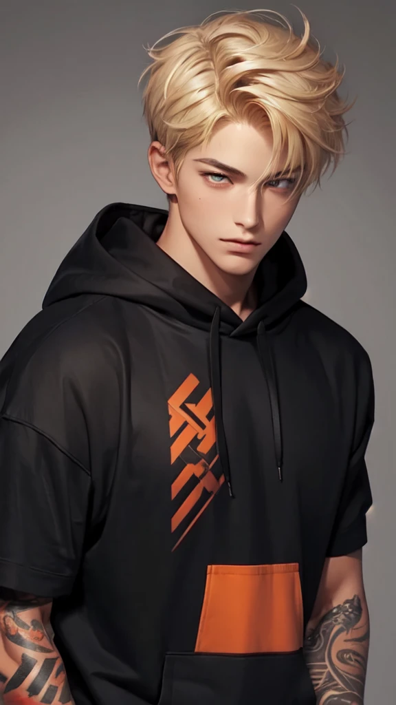 Handsome young man, blond, Orange Eyes, short hair, Black Hoodie,high quality, Draw Amount, pixiv illustrations,Tanned skin,Red tattoo on the arm