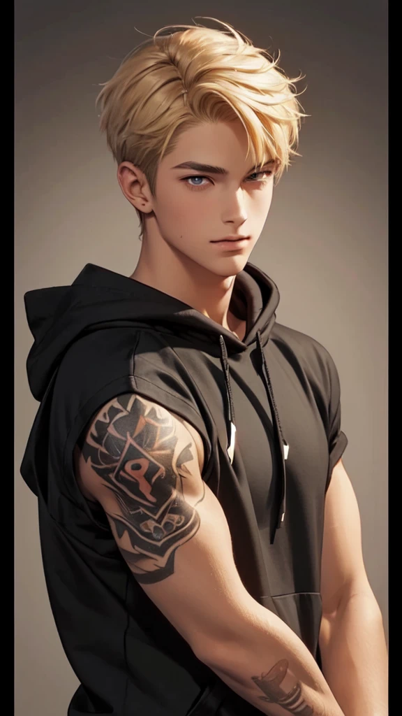 Handsome young man, blond, Orange Eyes, short hair, Black Hoodie,high quality, Draw Amount, pixiv illustrations,Tanned skin,Red tattoo on the arm