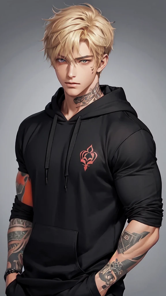 Handsome young man, blond, Orange Eyes, short hair, Black Hoodie,high quality, Draw Amount, pixiv illustrations,Tanned skin,Red tattoo on the arm