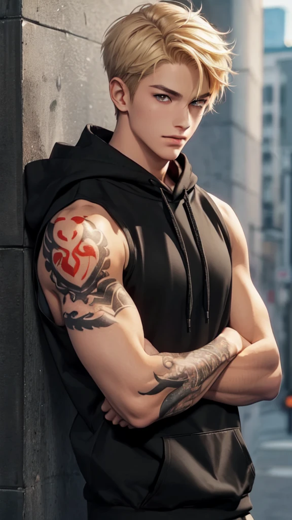Handsome young man, blond, Orange Eyes, short hair, Black Hoodie,high quality, Draw Amount, pixiv illustrations,Tanned skin,Red tattoo on the arm