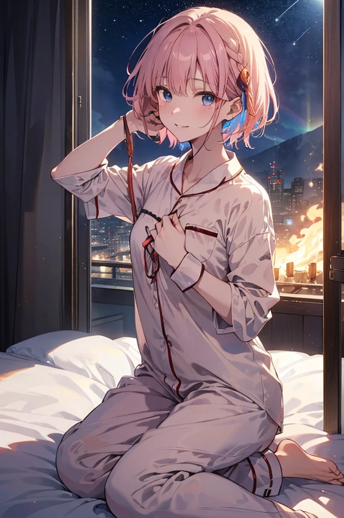 (Dirty looking girl:1.1)、(Daytime:1.5)、(Chest and:1.4)、RAW Photos, Highest quality, High resolution, (masterpiece), (Photorealistic:1.4), (Mole under the eye),anime , Sharp focus, Hmph, 8k resolution, Intricate details, Depth of written boundary, Highly detailed CG Unity 8k wallpaper, Front light, woman,Age 25、 His lips are smiling、(Tying up hair:1.5)、(Medium short pink hair)、(pajamas:1.3)、blue eyes,(Lying in bed:1.5)、(Blue sky seen from the window:1.3)、(Full body description)、(full moon:1.2)、(shooting star:0.9)、(nebula:1.3)、Distant Mountain、Treebreak Production Art、(Warm color Light Source:1.2)、(fire Fly:1.2)、lamp shade、Purple and Orange、Intricate details、Volumetric Lighting、Realism Break (masterpiece:1.2)、(Highest quality)、4K、Super detailed、(Movement Structure:1.4)、Very fine and colorful details、(Rainbow colors:1.2)、(Glowing lights、Atmospheric lighting)、dream-like、Magic