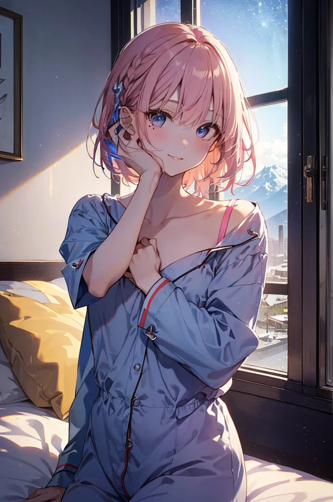 (Dirty looking girl:1.1)、(Daytime:1.5)、(Chest and:1.4)、RAW Photos, Highest quality, High resolution, (masterpiece), (Photorealistic:1.4), (Mole under the eye),anime , Sharp focus, Hmph, 8k resolution, Intricate details, Depth of written boundary, Highly detailed CG Unity 8k wallpaper, Front light, woman,Age 25、 His lips are smiling、(Tying up hair:1.5)、(Medium short pink hair)、(pajamas:1.3)、blue eyes,(Lying in bed:1.5)、(Blue sky seen from the window:1.3)、(Full body description)、(full moon:1.2)、(shooting star:0.9)、(nebula:1.3)、Distant Mountain、Treebreak Production Art、(Warm color Light Source:1.2)、(fire Fly:1.2)、lamp shade、Purple and Orange、Intricate details、Volumetric Lighting、Realism Break (masterpiece:1.2)、(Highest quality)、4K、Super detailed、(Movement Structure:1.4)、Very fine and colorful details、(Rainbow colors:1.2)、(Glowing lights、Atmospheric lighting)、dream-like、Magic