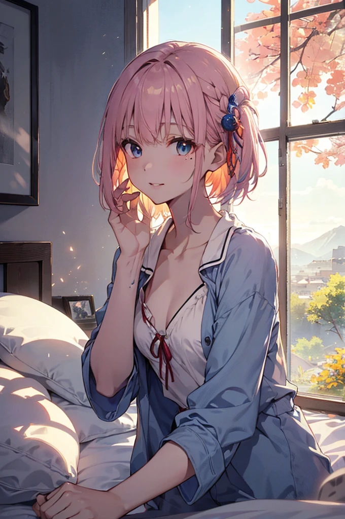 （Dirty looking girl:1.1）、(Daytime:1.5)、(Chest and:1.4)、RAW Photos, Highest quality, High resolution, (masterpiece), (Photorealistic:1.4), (Mole under the eye),anime , Sharp focus, Hmph, 8k resolution, Intricate details, Depth of written boundary, Highly detailed CG Unity 8k wallpaper, Front light, woman,Age 25、 His lips are smiling、(Tying up hair:1.5)、(Medium short pink hair)、(pajamas:1.3)、blue eyes,(Lying in bed:1.5)、(Blue sky seen from the window:1.3)、(Full body description)、（full moon：1.2）、（shooting star：0.9）、（nebula：1.3）、Distant Mountain、Treebreak Production Art、(Warm color Light Source:1.2)、(fire Fly:1.2)、lamp shade、Purple and Orange、Intricate details、Volumetric Lighting、Realism Break (masterpiece:1.2)、(Highest quality)、4K、Super detailed、(Movement Structure:1.4)、Very fine and colorful details、(Rainbow colors:1.2)、(Glowing lights、Atmospheric lighting)、dream-like、Magic