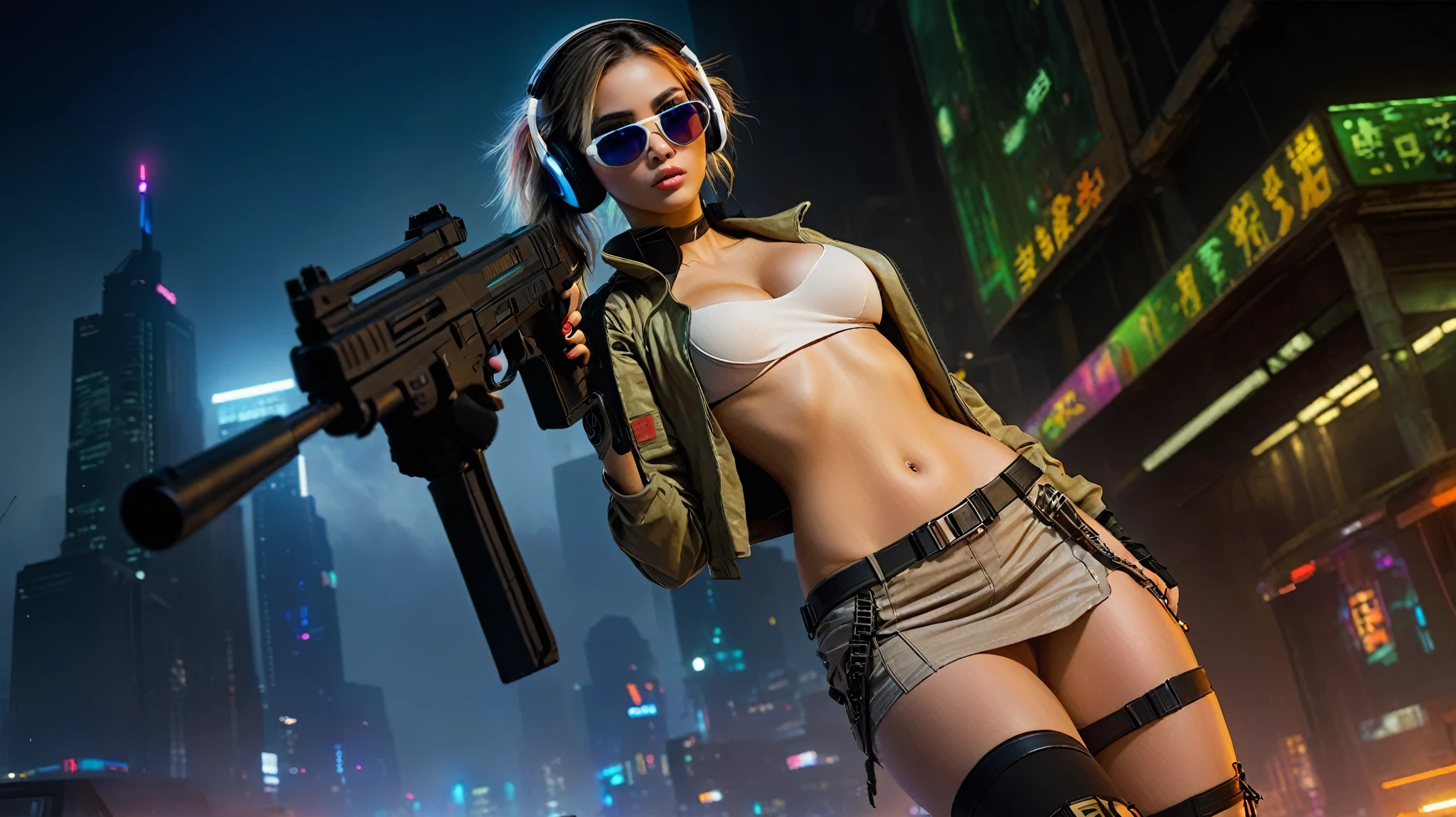 dark futuristic landscape, at night, neon lights, Atmospheric fog, large buildings in the background, futuristic city, streets with open shops, skyscraper (postapocalyptic city:1.3). (((1girl, solo, alone))), large-breast:1.2 slim body, cleavage:1.1, sexy miniskirt, (((headphone, black sunglasses, standing and holding pistol pose))), (((half-body thigh level medium shot))), cinematic lighting, lens flare, ray tracing.
