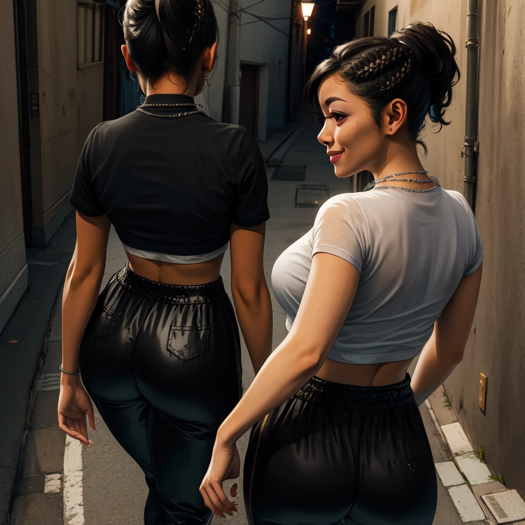 Chitose,black hair,brown eyes,short hair,ponytail,braids,short sleeves,
crop top, showing rear,black pants,necklace,street,night,alley, smile, 
(insanely detailed,masterpiece, best quality)solo,