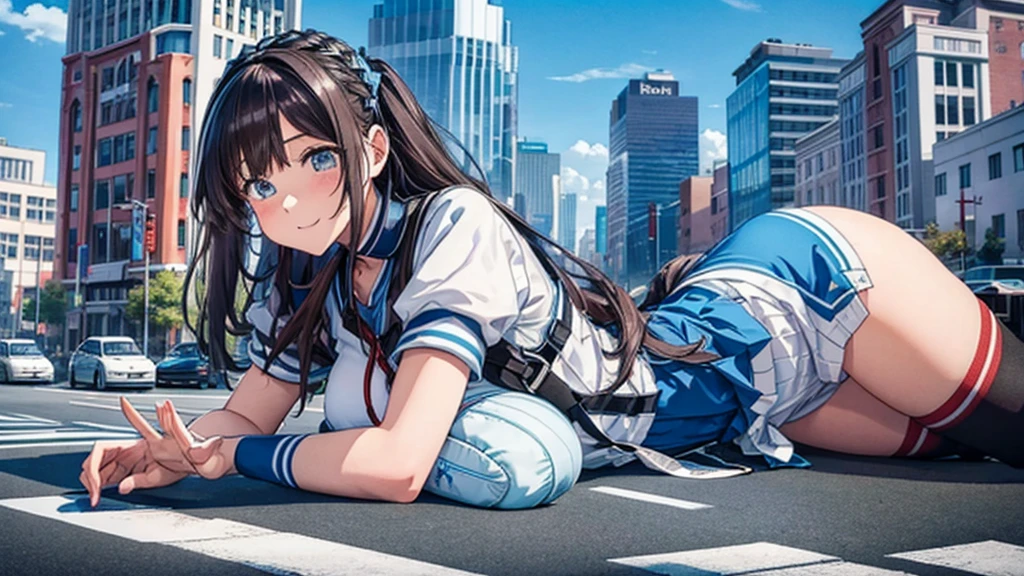 A giant girl is lying on the road sneakers Knee-high socks Skyscraper district Metropolis blue sky cumulonimbus Hands on。