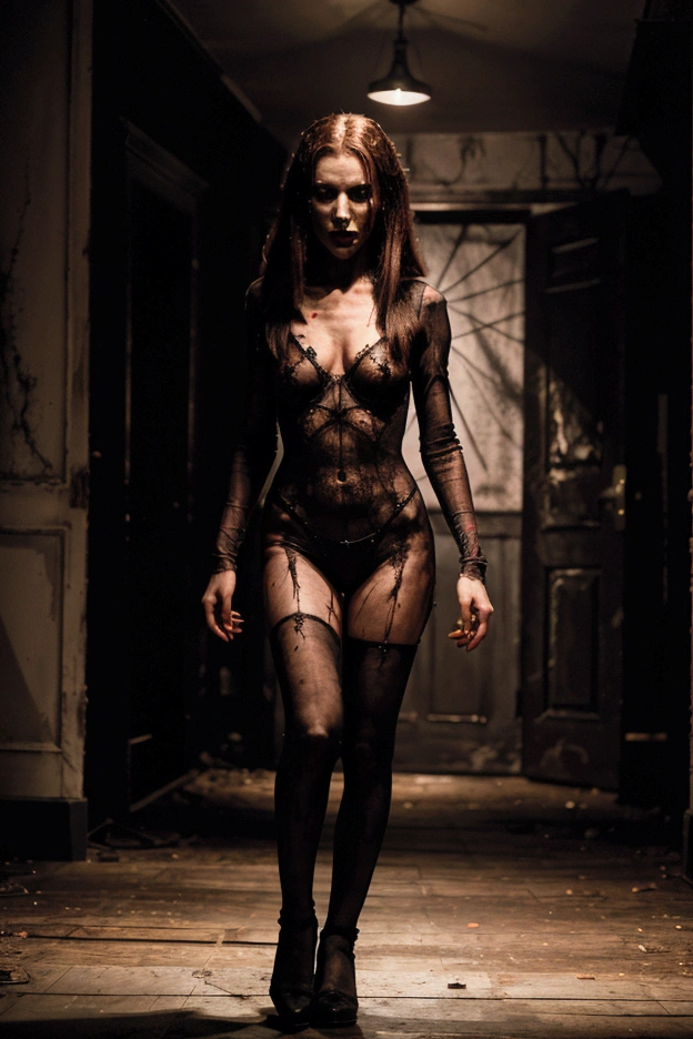 a full body model straight out of a horror movie on a haunted and horrible catwalk