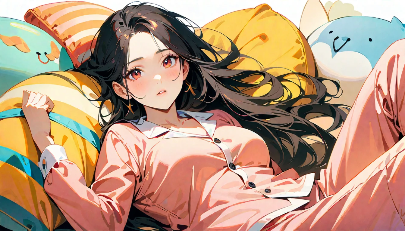20-year-old,One mature woman,Surreal, 8k, (extremely detailed 8k), (Very delicate and beautiful), (masterpiece), (Better Quality:1.0), (Ultra-high resolution:1.0), (masterpiece, Highest quality),cute,Black Hair,Long Hair,whole body,White Background,Realistic Skin,pajamas,lie on one's stomach,Wicked Smile、Bedroom、sleeping face、Sleeping soundly