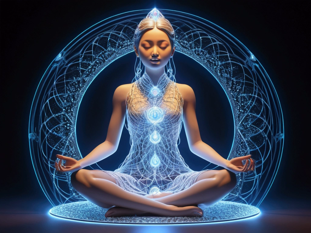(Best quality, masterpiece), (magic, charm, Wireframe transparent 3d model:1.2, white transparent 3d model of a meditating girl, surrounding aura radiates brilliantly like magic:1.3 , meditating with eyes closed:1.3, (Extremely detailed, dynamic camera), (Wide viewing angle), extremely sharp images, (celestial illumination), (vivid colors and storminess air), shimmering cyber light, dynamic light