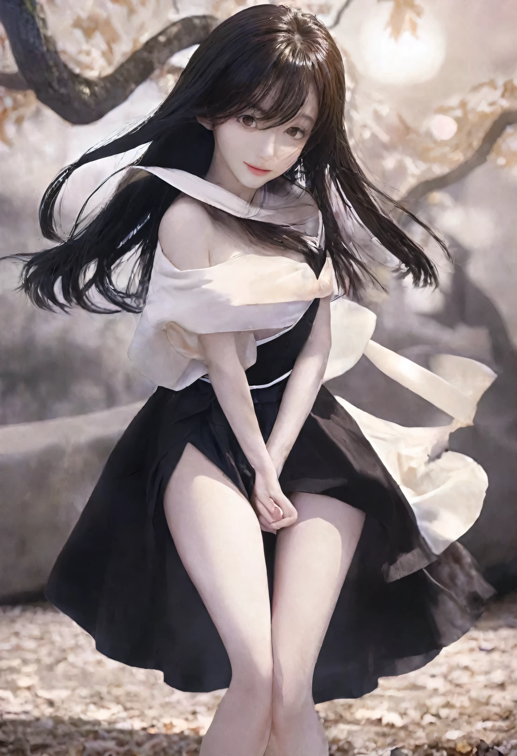 ((((Obra maestra, La mejor calidad, ultrahigh resolution)))), 1girl, happy, standing, (((doll knees, doll elbows, ((doll joints:1.2, action figure limbs:1.2, segmented body))), [mechanical body], (segmented waist), (doll waist), (black hair, dark black hair over eye:1), long hair cut, pale skin, ((brown eyes)), ((glowing_eyes)), (((ultra detailed eyes:0.7, beautiful and detailed face, detailed eyes:0.9))), ((centered)), (wide shot), facing viewer, (((outdoors, darkness, falling leaves:0.9))), medium breasts, looking at viewer, ((half closed eyes)), ((perfect hands)), (((head:1, arms, hips in view, elbows, thighs, in view))), ((hands at sides)), lively eyes, beautiful lighting, outside, outdoors, background, ((defined subject)), 25 years old, (head tilt), (((cool))), ((lively)), (((high contrast)))