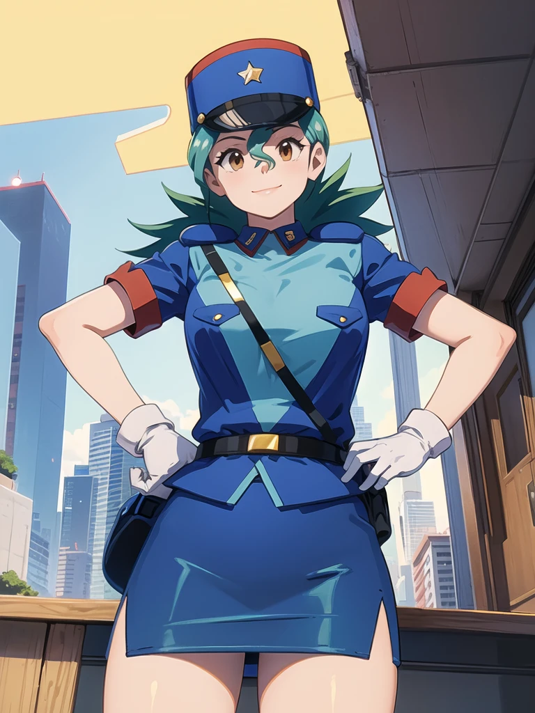 masterpiece, best quality, pkmnJenny, blue hat, police uniform, blue shirt, short sleeves, belt, pencil skirt, white gloves, cowboy shot, looking at viewer, smile, cityscape, blue sky, mature woman, large breasts, salute,, from below