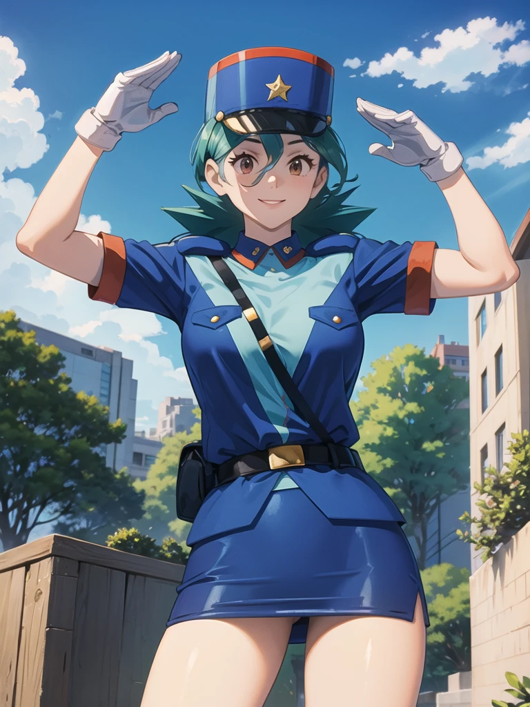 masterpiece, best quality, pkmnJenny, blue hat, police uniform, blue shirt, short sleeves, belt, pencil skirt, white gloves, cowboy shot, looking at viewer, smile, cityscape, blue sky, mature woman, large breasts, salute,, from below