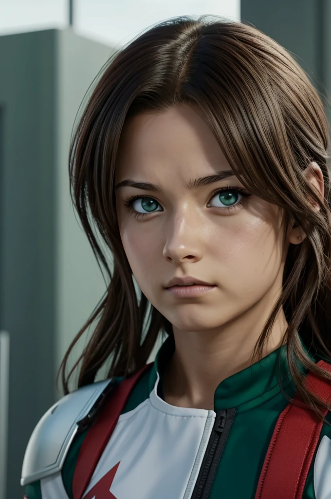 My hero academia bakugou screenshot. 1 girl with long brown hair, green eyes, wearing the UA 