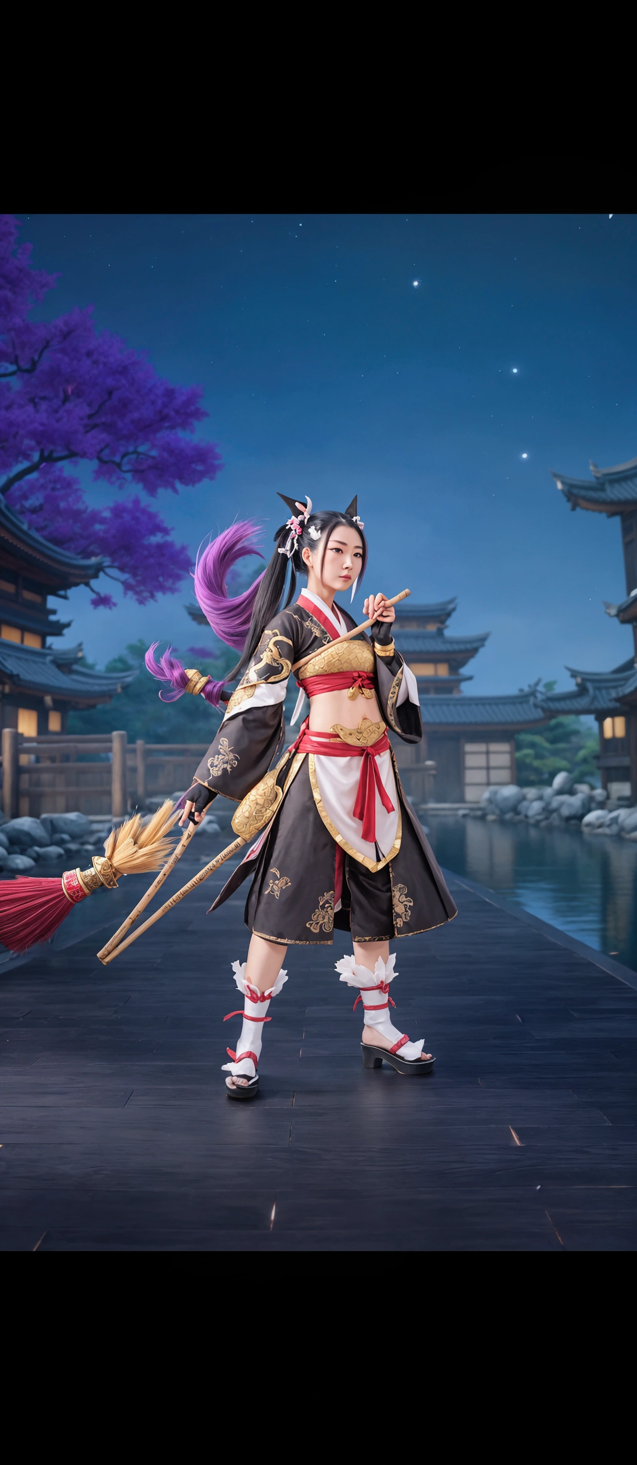 a close up of a person in a costume holding a broom, keqing from genshin impact, zhongli from genshin impact, ayaka game genshin impact, onmyoji, onmyoji detailed art, ayaka genshin impact, genshin impact character, onmyoji portrait, lunar themed attire, fox nobushi, full body xianxia