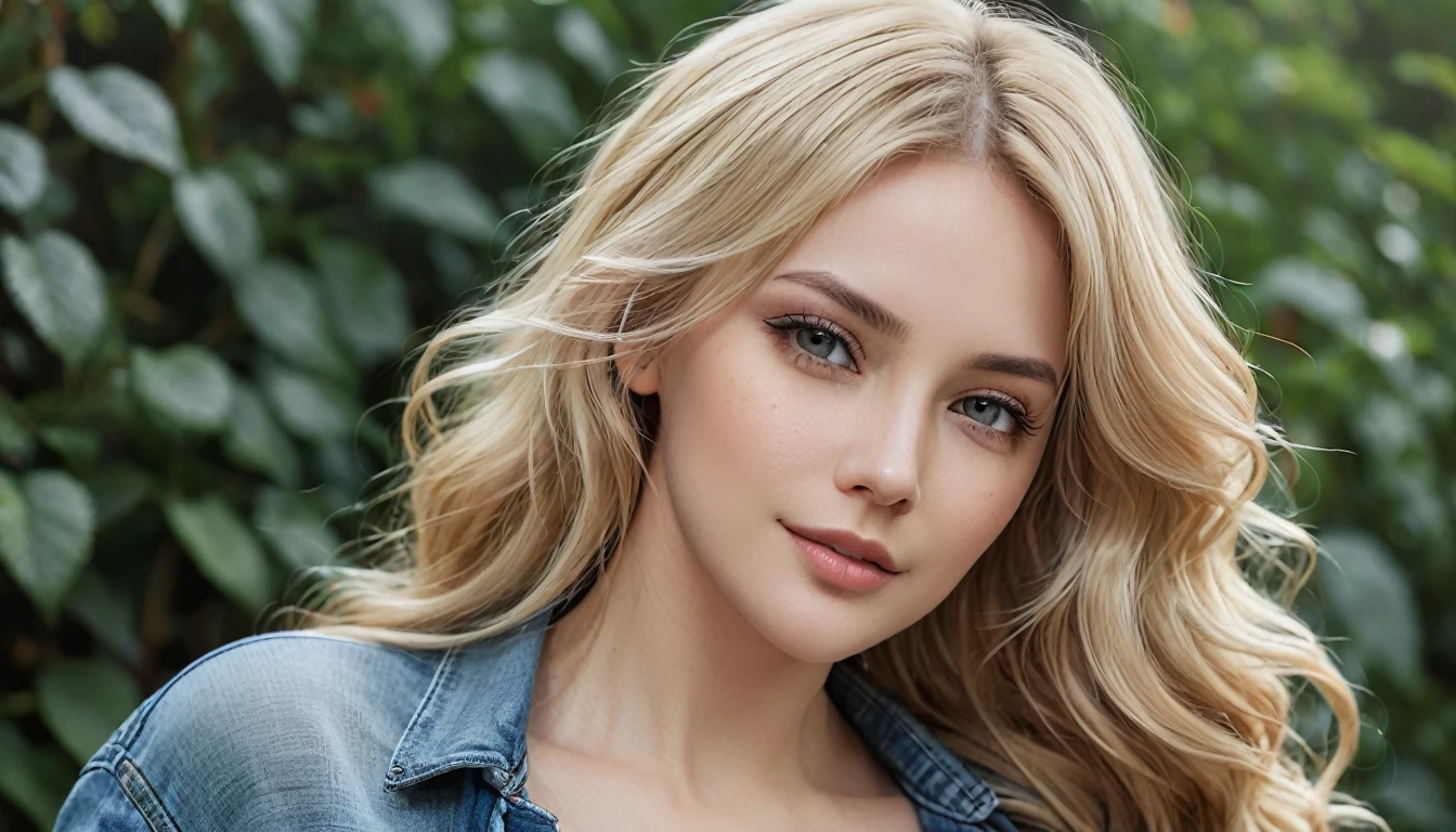 An attractive woman with long, wavy blonde hair, Youngh, semi-tied hair, curved, sexly, seductive, cropped rosa, jeans, hyper realistic absurdity, CRU photo, UltraHD 8K, high qualiy, film grain, shallow depth of field, (highly detailed skin:1.2)