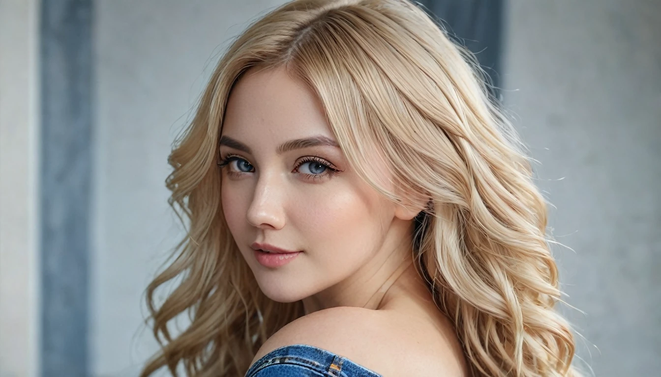 An attractive woman with long, wavy blonde hair, Youngh, semi-tied hair, curved, sexly, seductive, cropped rosa, jeans, hyper realistic absurdity, CRU photo, UltraHD 8K, high qualiy, film grain, shallow depth of field, (highly detailed skin:1.2)