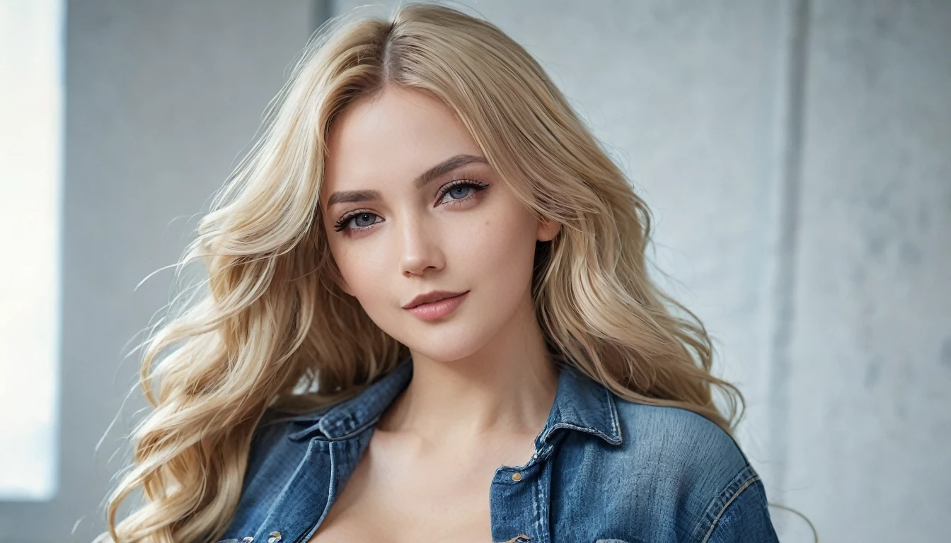 An attractive woman with long, wavy blonde hair, Youngh, semi-tied hair, curved, sexly, seductive, cropped rosa, jeans, hyper realistic absurdity, CRU photo, UltraHD 8K, high qualiy, film grain, shallow depth of field, (highly detailed skin:1.2)