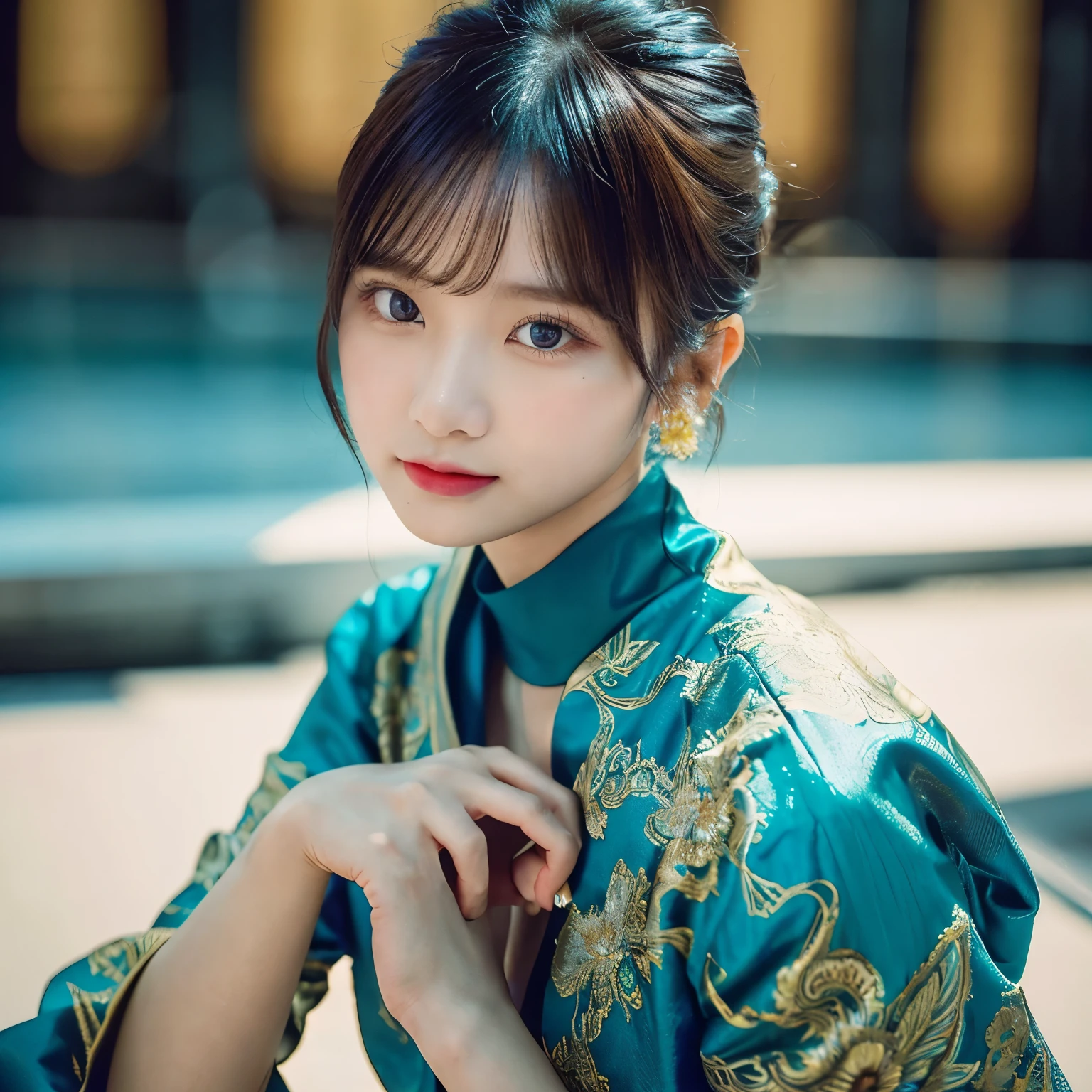 20 year old, blush, exotic, seductive, smirk, fashion, model, fine art photography, iconic, dynamic angle, dynamic pose, macro, photograph, intricate background, Vietnamese (fashion icon:1.2) , Artistic, Gold hairstyle, Aesthetically Pleasing Turquoise Eyes, at Blue hour, Frightening, Interpolation, Fujicolor Superia X-TRA 400, 50mm, Offset print, RAW photo, highly contrasted, contemporary fine detail, highly intricate, detailed, stunning