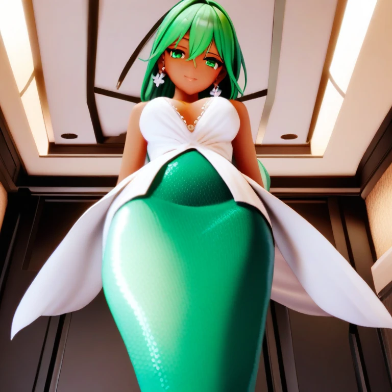 mermaid, mermaid tail below waistline, long green mermaid tail, mmd,(masterpiece, best quality:1.2)1girl,solo,dark skin, green eyes,long hair, white hail, jewelry,earrings,looking at viewer,flower,dress,white dress,indoors,bangs,hair between eyes,smile,